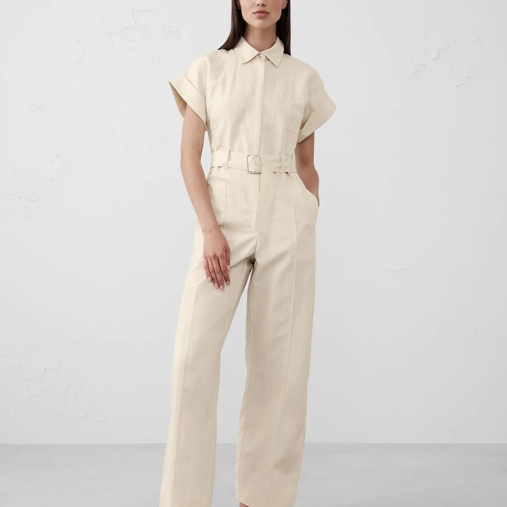 Linen Blend Belted JUMPSUIT